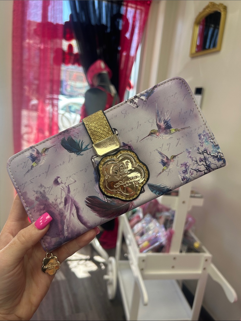 Floral Hummingbird Lavender Wallet with Gold Accent